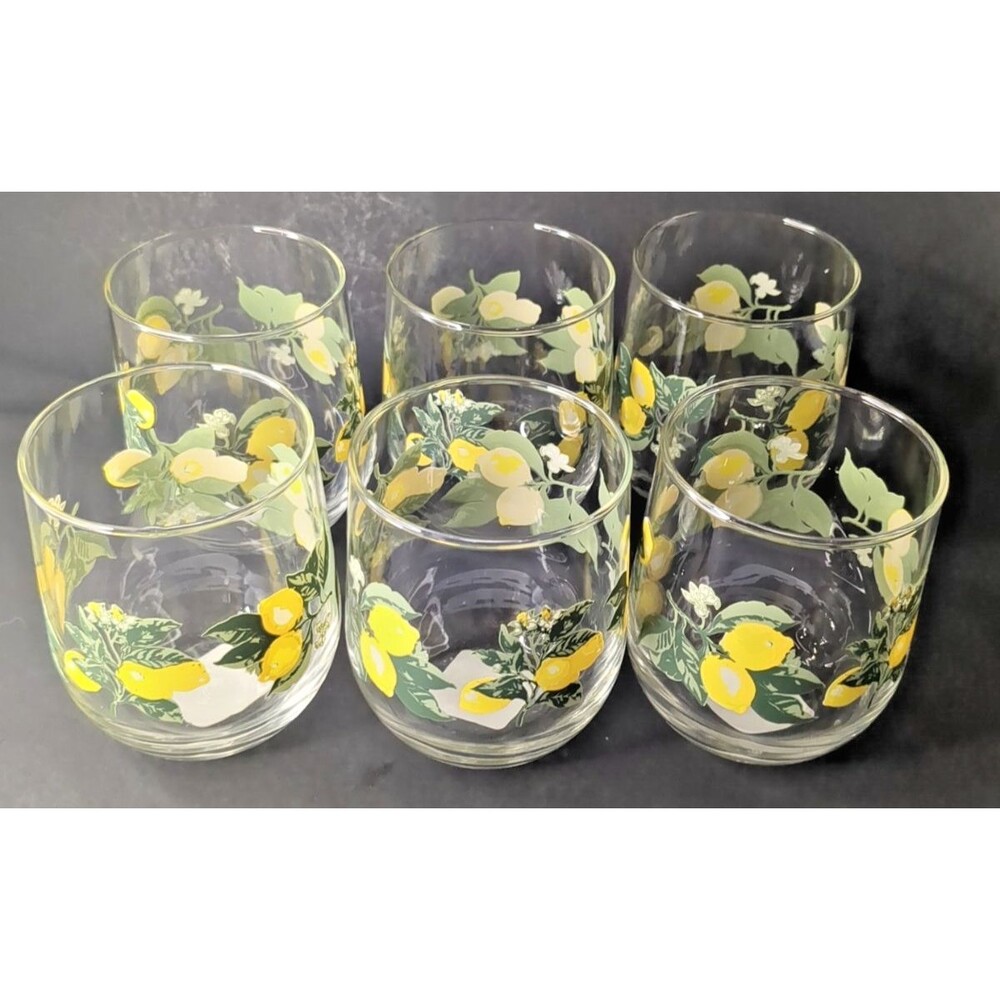 New 16 oz Lemons Stemless Wine Glass – Yellow Summer Citrus Design - Set of 6